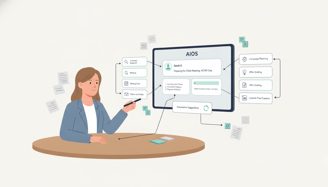 AIOS — a personal AI operating system: a workspace turning research, meeting prep, follow-ups, content and offers into ready-to-use outputs