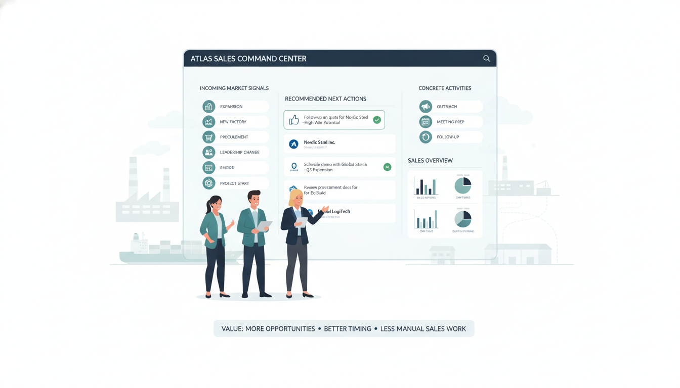 Atlas — proactive AI sales execution team: a sales command center surfacing market signals, recommended next actions and approvals, with a human in control