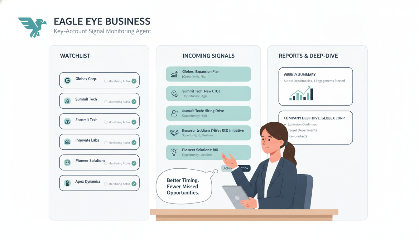 Eagle Eye Business — key-account signal monitoring: a watchlist of named accounts with scored buy-signals and per-company deep-dives